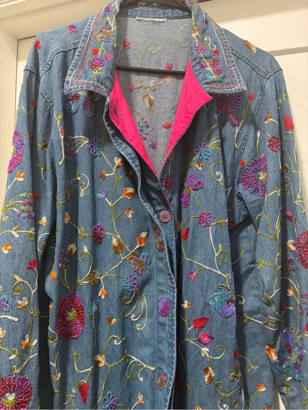 Fun Blue Denim Jacket with Pink Lining & Multicolor Embroidery - Picture 2 of 7